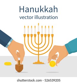 Jewish traditional holiday. Hanukkah menorah, wooden dreidel and geld chocolate coins. Man holds in hand objects symbolizing a religious holiday. Vector illustration flat design.