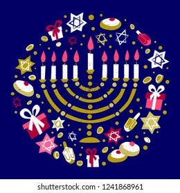 Jewish traditional holiday of light vector typography illustration for greeting card, invitation, banner, poster. Hanukkah graphic design element, handwritten lettering. EPS 10.