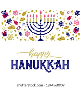 Jewish traditional holiday of light vector typography illustration for greeting card, invitation, banner, poster. Hanukkah graphic design element, handwritten lettering. EPS 10.