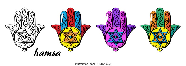  Jewish Traditional sacred amulet and religious symbols - Hamsa or hand of Miriam, palm, star of David, Hanukkah, Shana Tova, Rosh Hashanah, set, isolated on white background, vector illustration