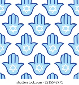 Jewish traditional symbol seamless pattern. David Star and Hamsa palm Repeating endless background. Hanukkah Vector illustration texture print.