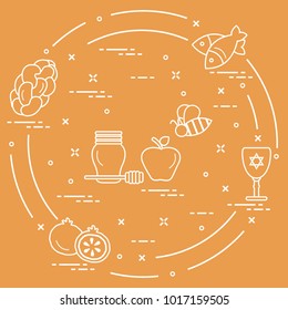 Jewish traditional treats and symbols. Design for postcard, banner, poster or print.