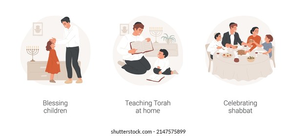 Tradiciones judías aisladas ilustraciones vectoriales de dibujos animados conjunto. Padre judío bendiciendo a su hija, enseñando Torah a los niños en casa, leyendo libro sagrado, familia celebrando la caricatura vectorial de shabbat.