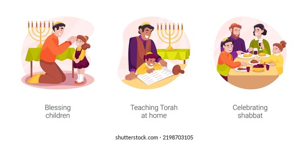 Tradiciones judías aisladas ilustraciones vectoriales de dibujos animados conjunto. Padre judío bendiciendo a su hija, enseñando Torah a los niños en casa, leyendo libro sagrado, familia celebrando la caricatura vectorial de shabbat.