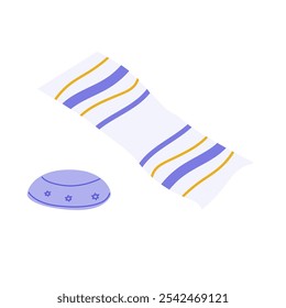 Jewish traditions: kippah and tallit with blue and yellow stripes.