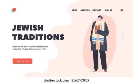 Jewish Traditions Landing Page Template. Senior Man wear National Clothes and Hat Holding Torah Book in Hands. Orthodox Jew Male Character, Rabbi, Traditional Personage. Cartoon Vector Illustration