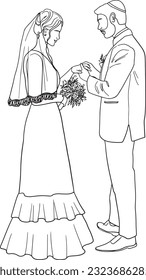 Jewish wedding, the bride and groom in a kippah puts on a wedding ring outline vector illustration. Bride with wedding bouquet and fiance in kippah linear illustration.