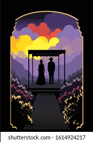 Jewish Wedding ceremony Celebration. Realistic stunning vector drawing of a groom and bride standing under the canopy. Background of spectacular sunset with clouds and mountains. A path of flowers 