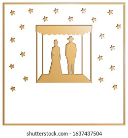 Jewish wedding ceremony Designed invitation with stars silhouette of an ultra-Orthodox groom and Jewish bride under the canopy White paper cut with gold background Vector illustration