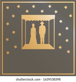 Jewish wedding ceremony Designed invitation with stars silhouette of an ultra-Orthodox groom and Jewish bride under the canopy brown paper cut with gold background Vector illustration