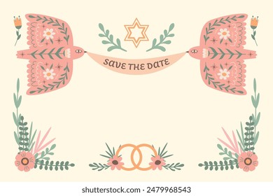 Jewish wedding festive concept. Birds, ribbon, star of David and flowers. Vector illustration in boho style.