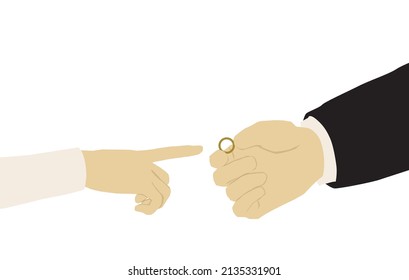 Jewish wedding - Kiddushin with a ring. The bride's index finger is extended towards the groom as part of the ritual of a traditional canopy.
Flat colorful vector drawing on a white background. 