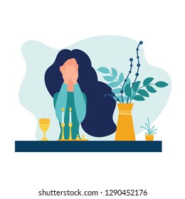 Mujer judía con velas por Shabbat y dice la bendición. Estilo moderno y plano. Aislado sobre fondo blanco. Ilustración vectorial.