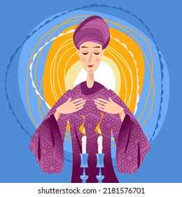 Jewish woman light a shabbat candles and read a blessing. Shabbat shalom. Vector illustration

