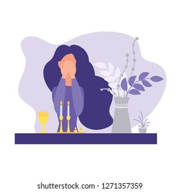 Jewish woman lighting candles for Shabbat and says the blessing. Modern flat style. Isolated on white background. Vector illustration.