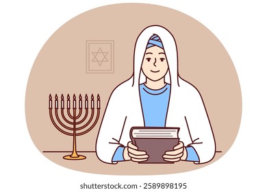 Jewish woman rabbi holds torah in hands and sits near image of star of david, dressed in religious clothes and white veil. Smiling girl learning jewish religion and prayers to worship god