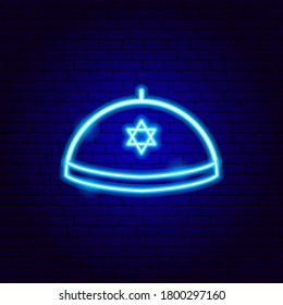 Jewish Yarmulke Hat Neon Sign. Vector Illustration of Rosh Hashanah Promotion.