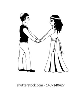 Jewish Young Couple, Holding Hands. Line Drawing, Without Background, Isolated. Clip Art For Jewish Holiday Tu B' Av