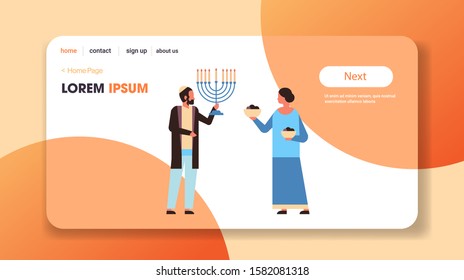 jews couple holding menorah jewish man woman in traditional clothes standing together happy hanukkah judaism religious holidays concept full length horizontal vector illustration
