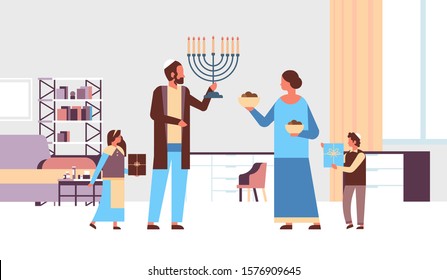 jews family holding menorah and gift boxes jewish parents children in traditional clothes standing together happy hanukkah judaism religious holidays concept living room interior full length vector