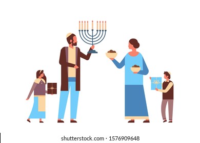 jews family holding menorah and gift boxes jewish parents children in traditional clothes standing together happy hanukkah judaism religious holidays concept horizontal full length vector illustration