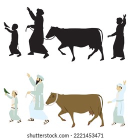 Jews make a pilgrimage to Jerusalem to the Temple. with a cow and a chicken for sacrifice.
The figures are dressed in the historical costume typical of the Israelites.
Colorful vector