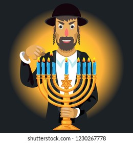 Jews Man holding hanukkiah candle celebrating Jewish holiday Hanukkah, a greeting card, a traditional Chanukah template. Happy Hanukkah. Vector illustration.