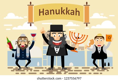 Jews Men celebrating Jewish holiday Hanukkah. Greeting card, Happy Hanukkah. Vector illustration.