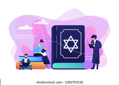 Jews In National Costumes Reading About Religion, Torah, Tiny People. Torah Judaism Holy Book, Jewish Beliefs On Jesus, Orthodox Judaism Concept. Bright Vibrant Violet Vector Isolated Illustration