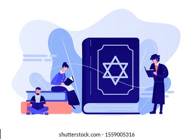 Jews in national costumes reading about religion, Torah, tiny people. Torah Judaism holy book, Jewish Beliefs on Jesus, orthodox Judaism concept. Pinkish coral bluevector isolated illustration