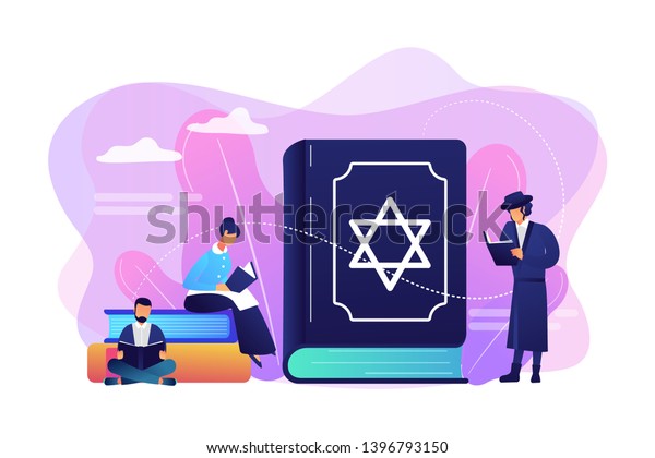 Jews in national costumes reading about\
religion, Torah, tiny people. Torah Judaism holy book, Jewish\
Beliefs on Jesus, orthodox Judaism concept. Bright vibrant violet\
vector isolated\
illustration
