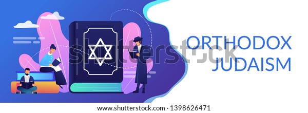 Jews in national costumes reading about religion,\
Torah, tiny people. Torah Judaism holy book, Jewish Beliefs on\
Jesus, orthodox Judaism concept. Header or footer banner template\
with copy space.