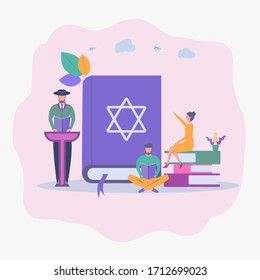 Jews read about religion. Holy Book of Torah Judaism, Jewish beliefs about Jesus. Colorful vector illustration