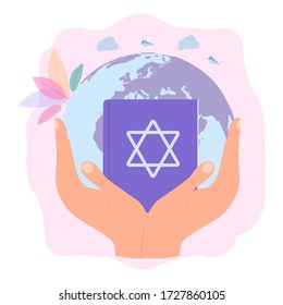 Jews read about religion. Holy Book of Torah Judaism, Jewish beliefs about Jesus. Colorful vector illustration