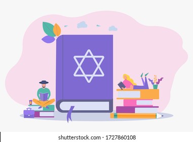 Jews read about religion. Holy Book of Torah Judaism, Jewish beliefs about Jesus. Colorful vector illustration