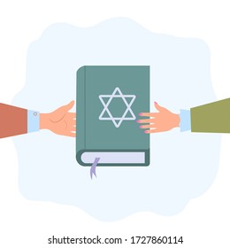 Jews read about religion. Holy Book of Torah Judaism, Jewish beliefs about Jesus. Colorful vector illustration