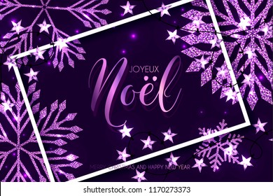 Jeyeux Noel Merry Christmas background with Shining gold Snowflakes. Lettering Merry Christmas card vector Illustration.