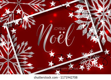 Jeyeux Noel Merry Christmas background with Shining gold Snowflakes. Lettering Merry Christmas card vector Illustration marsala dark red