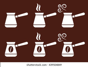 jezve turkish coffe pot white icons set on brown background
