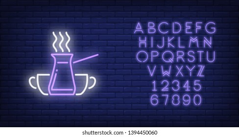 Jezve Turkish coffee pot with steam and cups neon sign. Cafe, beverage concept. Advertisement design. Night bright neon sign, colorful billboard, light banner. Vector illustration in neon style.