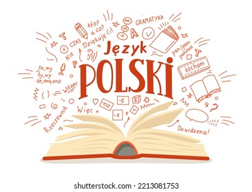 Jezyk Polski. Translation: Polish language. who? What? Thank you! Time, No, Hello, Well, Noun, Goodbye, I love, grammar. Open book with language hand drawn doodles and lettering on white background