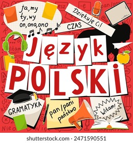 Jezyk Polski. Translation: Polish language.Thank you! Time, Hello, Noun, Mr, Mrs, Mr, grammar, I, we, you, it, she, he. Language hand drawn doodles and lettering.