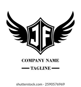 JF bold shield logo with wings, customizable with letters A to Z. Perfect for brands seeking a powerful symbol of strength, freedom, and ambition
