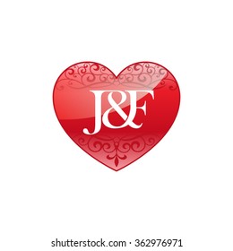 J&F initial letter couple logo with ornament heart shape