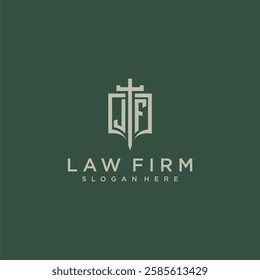 JF initial monogram for law firm with sword and shield logo image