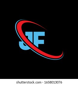 Diseño del logo de la carta JF J F. Letra inicial con el logotipo monograma monográfico en mayúscula JF enlazado en mayúscula roja y azul. Logo de JF, diseño de JF