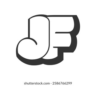 JF logo, bubble comic lettering, rounded in graffiti style black and white silhouette. Trendy preschool J and F letter text for festival party, personal initials, children funky print and web. 