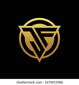 JF logo monogram with triangle shape and circle rounded style isolated on gold colors and black background design template