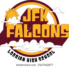 "JFK Falcons" with the text "Locrian High School" below it. The logo features a sun partially obscured by clouds in the background, with the text "JFK Falcons" prominently displayed in bold, yellow.