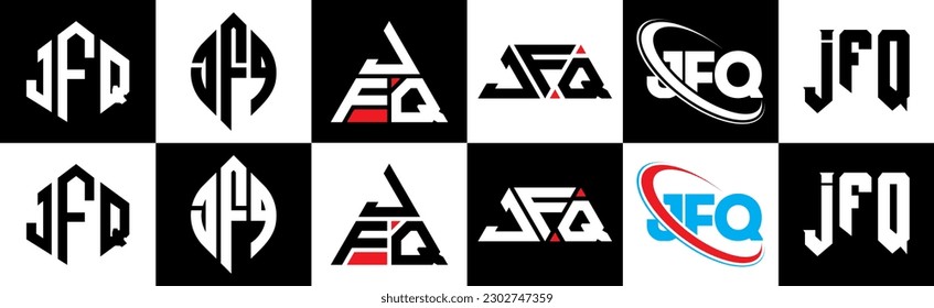 JFQ Brief Logo Design in sechs Stil. JFQ Polygon, Kreis, Dreieck, Hexagon, flacher und einfacher Stil mit schwarz-weißem Farbänderungslogo in einer Zeichenfläche. JFQ minimalistisches und klassisches Logo